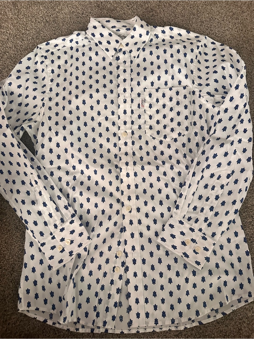 Men's White Button-Up Shirt with Blue Geo Print